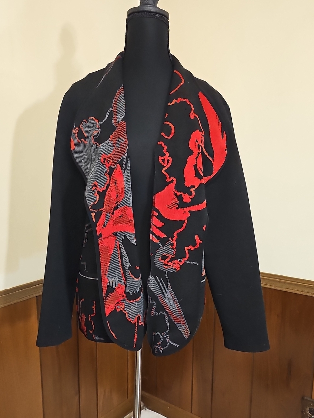 Bali Corp XL Black Red Abstract Art to Wear Open Front Jacket NWOT
